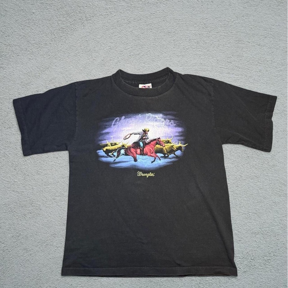 Wrangler Ghost Riders Graphic Tee Black Cotton Mens Small Western Cowboy Shirt